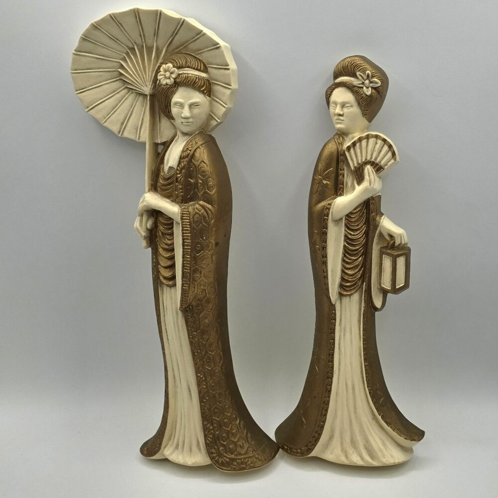 Vintage HODA 2 Geisha Girls Wall Hanging 1982 USA 6740 Ivory Gold Plastic Asian